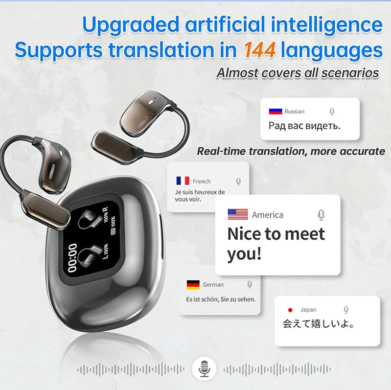 UYUXIO AI Translating Kopfhörer OWS Echtzeit-Übersetzung Ohrhörer mit 144 Sprachen Ohrhörer mit LCD-Touchscreen-Kopfhörer