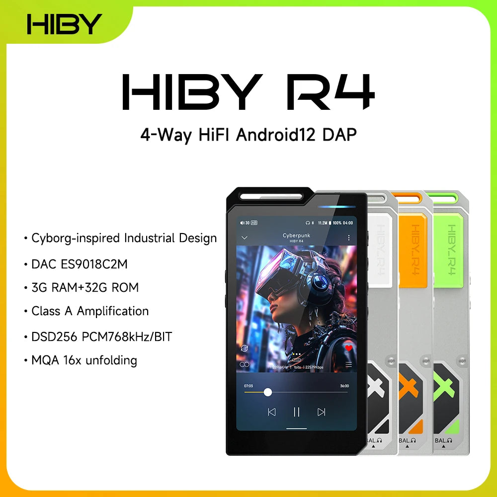 HiBy R4 ES9018Q2M*4 Android12 HiFi Musikplayer MP3 Audio Bluetooth WiFi DSD256 MQA 16x USB DAC Kopfhörer-Verstärker 11 Std. 4,7'' OPA1652