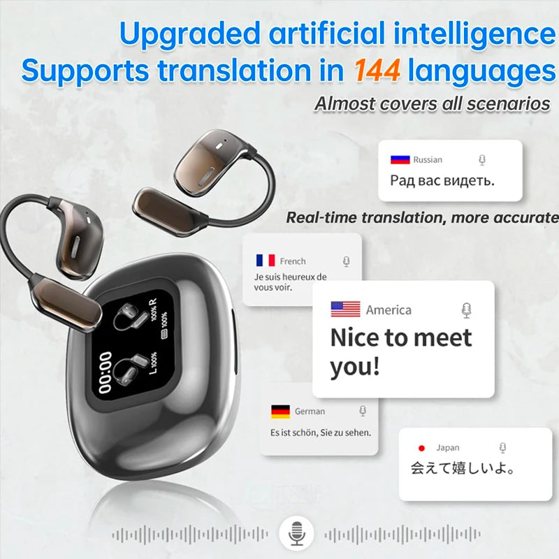 UYUXIO AI Translating Kopfhörer OWS Echtzeit-Übersetzung Ohrhörer mit 144 Sprachen Ohrhörer mit LCD-Touchscreen-Kopfhörer
