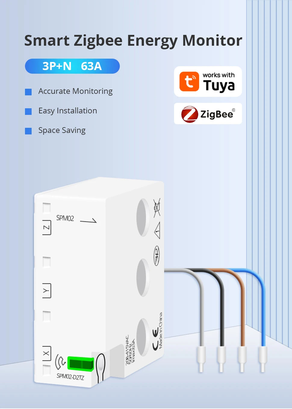 Zigbee Bidirektionaler Energiezähler 3-Phasen 4-Draht Leistungsmonitor 63A Kompatibel mit Tuya Zigbee2MQTT Home Assistant 208V 415V